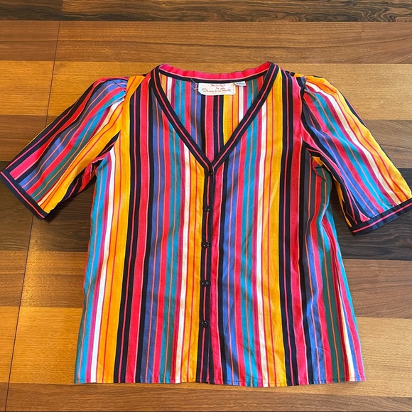 Miss O D by Oscar de la Renta cotton striped puff sleeve button down v neck - Picture 10 of 10